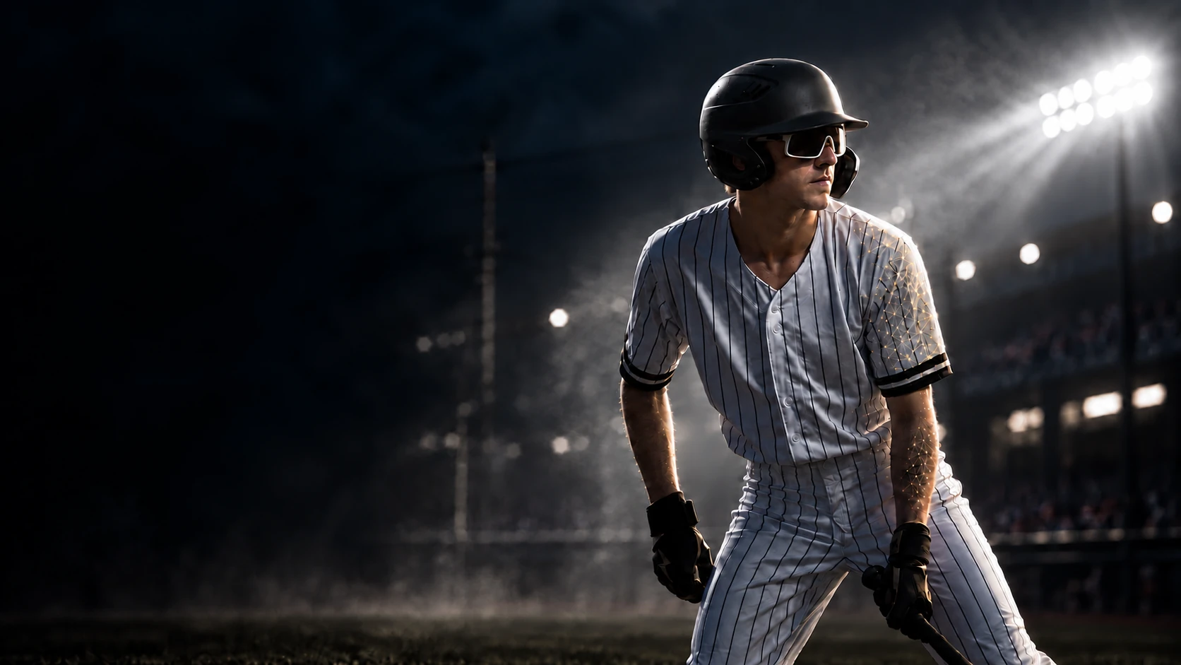 Baseball athlete holding a lowered bat under cool white stadium lights, with subtle gold contour mesh on the shoulder