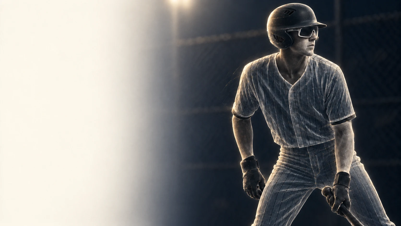 Ghosted digital baseball athlete with fine contour mesh and warm field-light highlights, holding a lowered bat